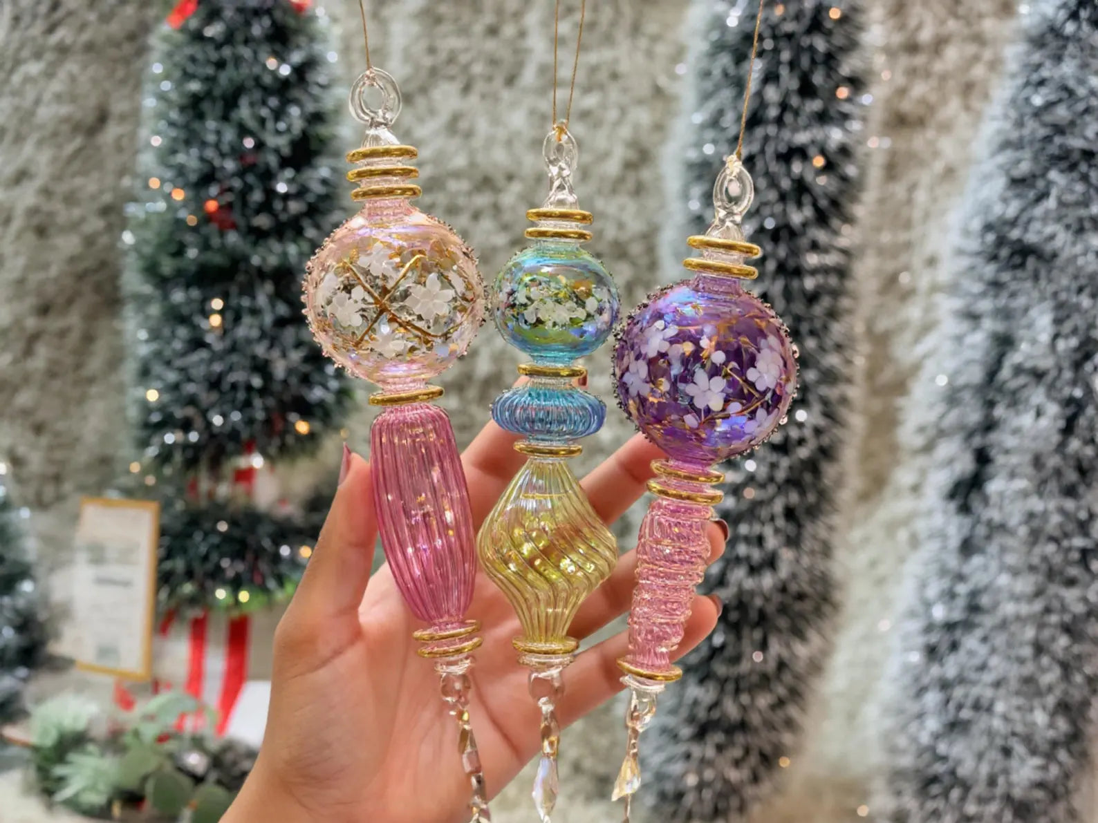 Set of 3 Blown Glass Christmas Ornaments Handmade Glass Baubles with 14k Gold
